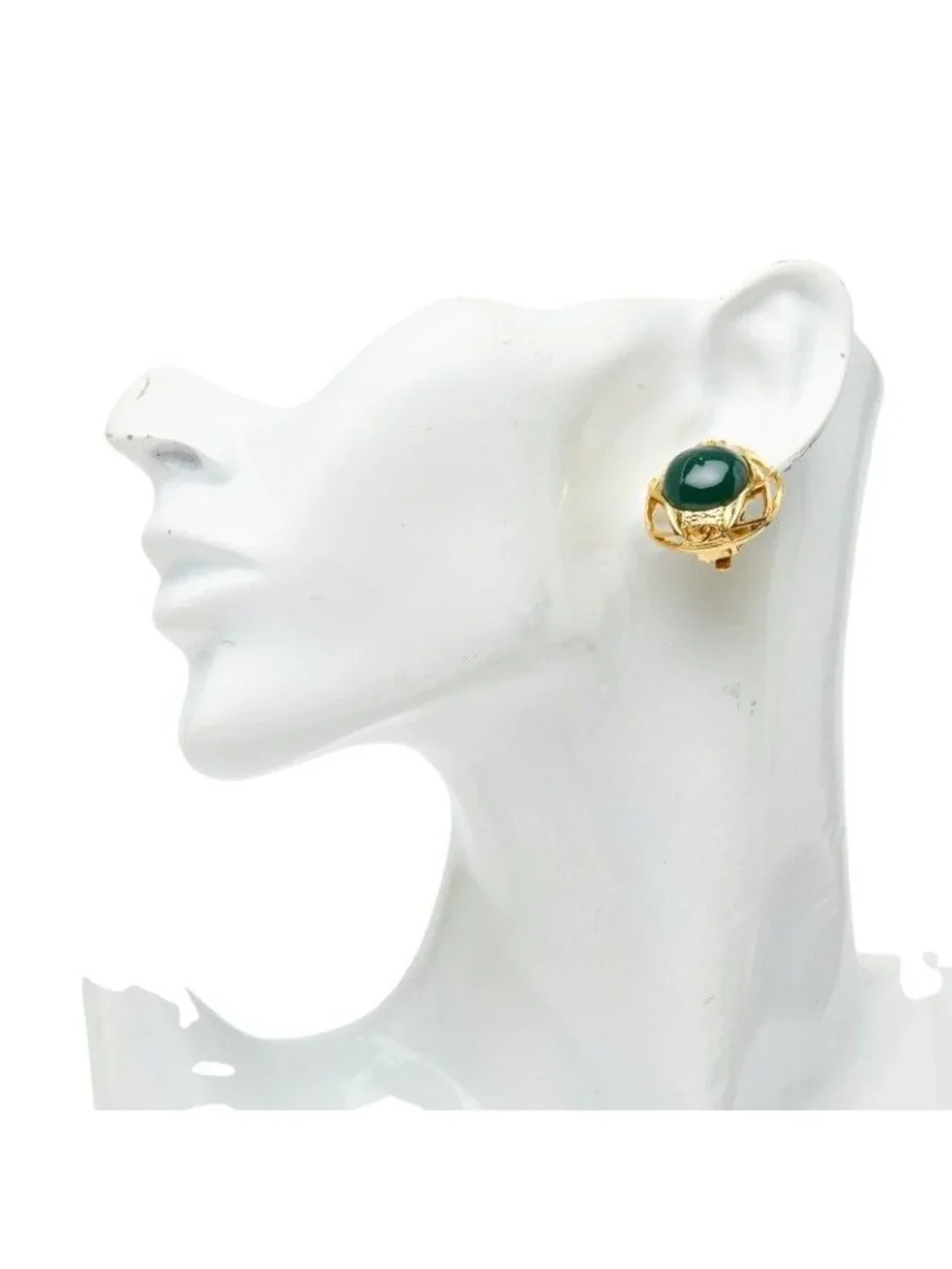 Chanel CC Logo Gripoix Vintage Round Single Earrings Green Gold Plated Glass